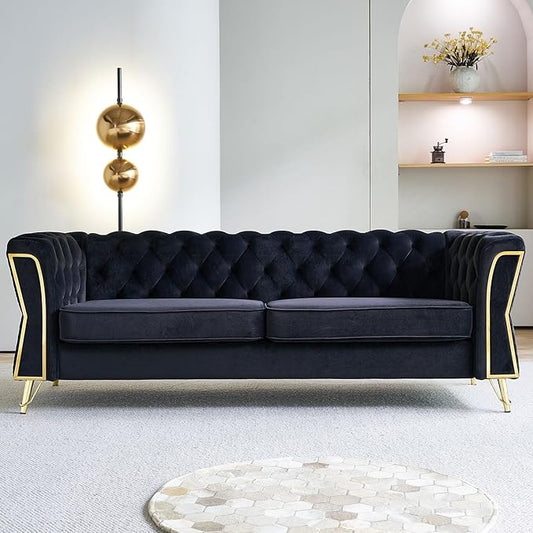 KEIKI 87" Chesterfield Velvet Button Tufted Sofa with High Density Foam Cushions, Modern 3-Seater Couch with Gold Strip Trim Decoration, Easy Assembly, for Apartment, Living Room, Office, Black