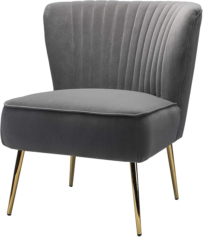 HULALA HOME Velvet Accent Chair, Modern Upholstered Cute Side Chair with Gold Metal Legs, Armless Wingback Slipper Chair Comfy Living Room Chair for Bedroom Guest Room Vanity, Grey