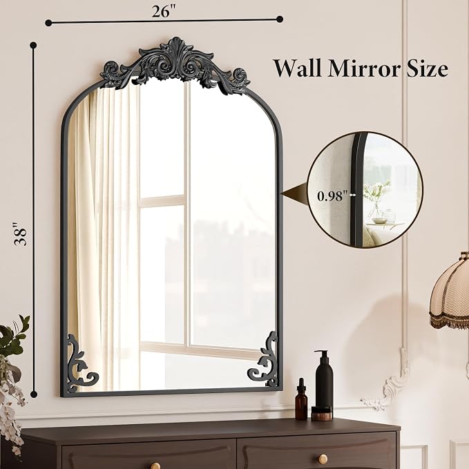Koonmi Vintage Mirror, 26x38 Retro Wall Mounted Vanity Mirror, Tempered Glass, Detachable Flower Head, Black Antique Decorative Arched Mirrors for Bathroom Entryway Fireplace Hallway - Image 4