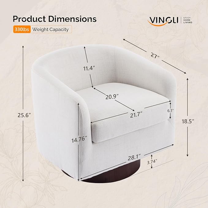 VINGLI 360°Swivel Accent Chair with Engineered Wood Base and Removable Cushion for Living Room, Bedroom, Curved Back Barrel Chair for Small Space, Upholstered Bucket Armchair, Linen Beige