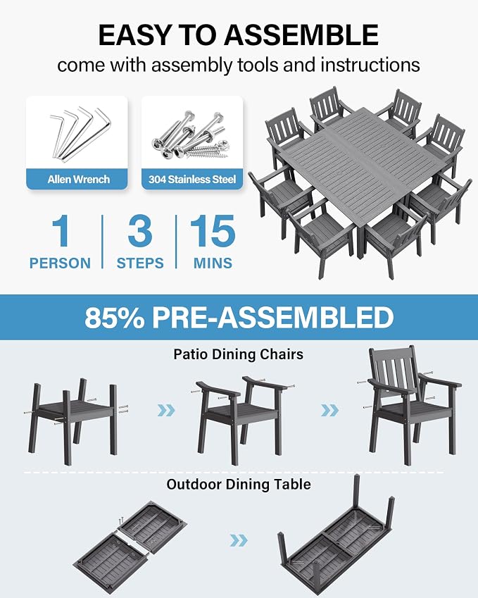 YEFU HIPS Patio Table Set: 10 Piece Outdoor Table and Chairs Dining Furniture Set with Umbrella Hole - Gray Modern Plastic Dining Sets 8 Person for Outside Deck with Metal Aluminum Frame - Image 2