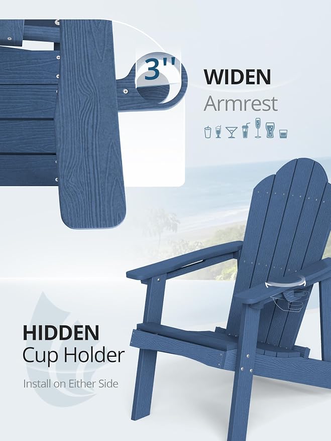 LUE BONA HDPE Adirondack Chairs Set of 8 - Weather Resistant Outdoor Seating with Cup Holder, Ideal for Poolside, Deck, Lake House, Resort & Outdoor Event, Blue - Image 3