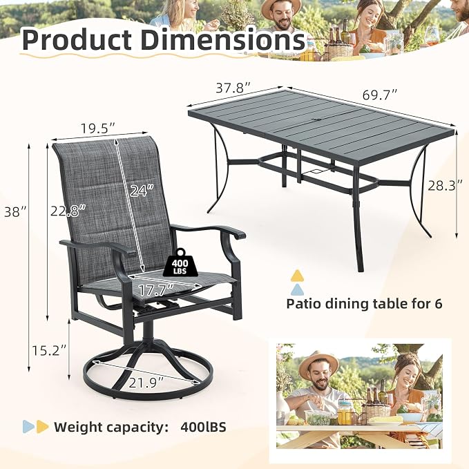 BUPPLEE Patio Dining Set for 6, 6 Piece Patio Swivel Chairs with 1 Piece Large Mental Rectangular Dining Table for Backyard Front Porch Pool Deck,Gray - Image 7