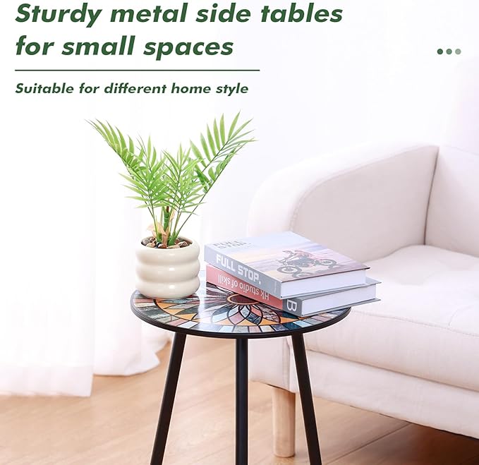 Party Zealot Metal Mosaic Round Side Tables Set of Two 13.4" Small Outdoor Patio Round Accent Coffee Tables Indoor Corner Stand for Small Spaces Weather-Resistant for Balcony Plant Stand - Image 4