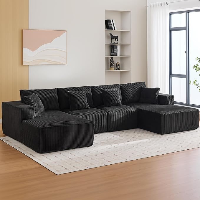Cloud Boneless Couch 137" Modern Sectional U-Shaped Comfy No Assembly Required Convertible Compression Sleeper Modular Sofa with Corduroy Fabric Deep Seat Single + Chaise for Living Room