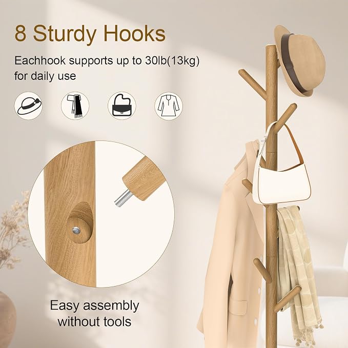 Coat Rack Freestanding with Stable Square Base for Cloathes, Hat, Used in Bedroom, Office and Entryway, Sturdy and Easy Assembly Coat Tree with 3 Adjustable Sizes and 8 Hooks, Natural - Image 5