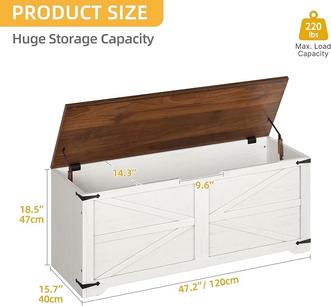 DWVO Storage Bench, 47.2" Farmhouse Storage Chest with 2 Safety Hinges, Wooden Utility Organizer, Shoe Bench for Entryway, Bedroom, Living Room, White and Walnut - Image 2