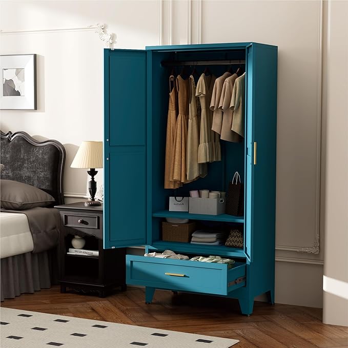 Blue Metal Wardrobe Closet for Bedroom, 71" Freestanding Armoire Wardrobe with Drawer and Shelf, Hanging Rod Clothing Storage Cabinet with Two Doors, Tall Farmhouse Clothes Cabinet Bedroom Armoires
