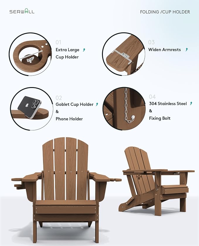 SERWALL Adirondack Chair with Cup Holders - Composite Adirondack Chairs HDPE Outdoor Chairs All Weather Use- Brown - Image 8