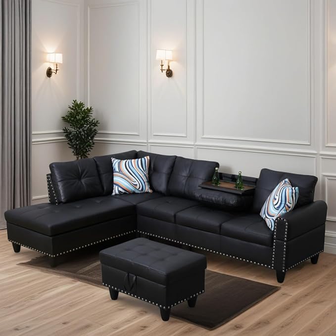 FONTOI L Shaped Sectional Couches for Living Room, Modular 4 Seat Sofa with Ottoman Storage, Modern Couch with Chaise for Bedroom Apartment Furniture, Black