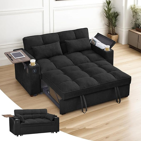 3 in 1 Sofa Bed, 65 Inches Convertible Loveseat Sleeper with Side Table, Pull Out Couch with 3 Level Adjustable Backrest, Chaise Lounge with USB and Type-C Ports for Living Room, Jet Black