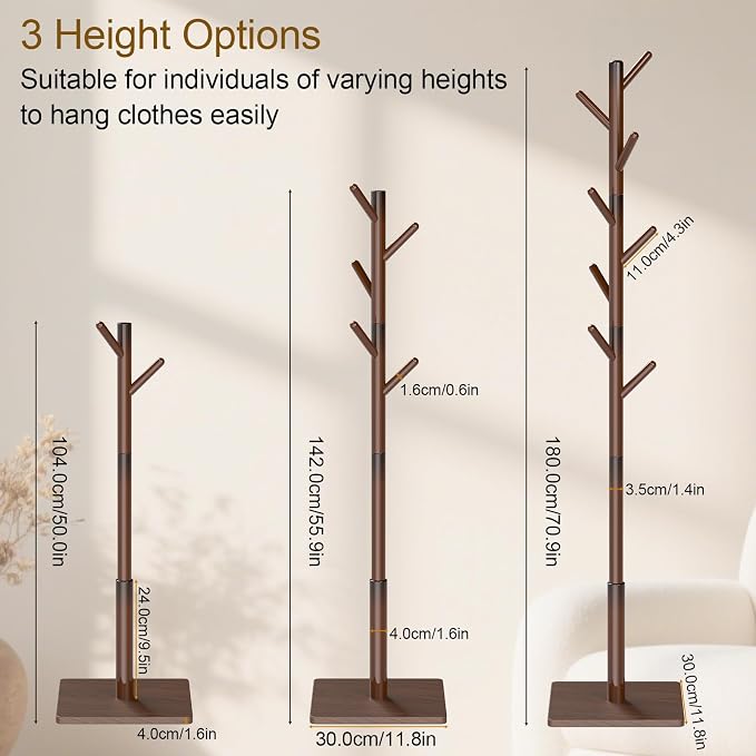 Coat Rack Freestanding with Stable Square Base, Entryway Furniture with 3 Adjustable Sizes and 8 Hooks, Used in Bedroom, Office and Hallway, Brown - Image 6