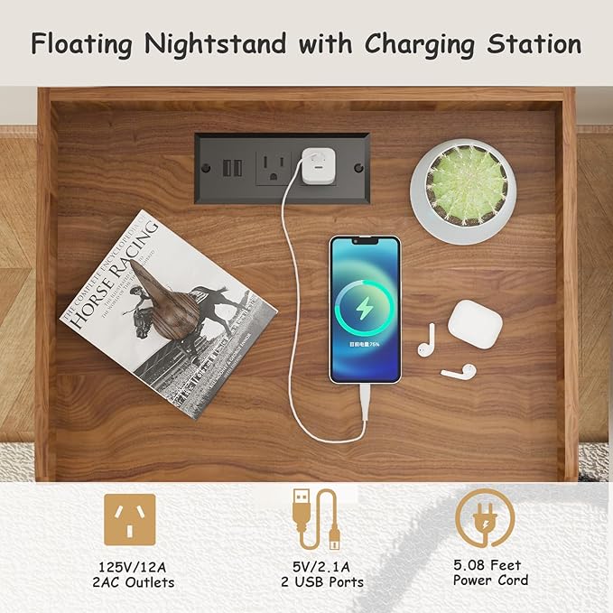 Arbuxzuy Floating Nightstand Set of 2 with Charging Station, Modern Wall Mounted Bedside Table with Drawer & Open Shelf, Minimalist Wooden Night Stand for Bedroom (Walnut Brown) - Image 3