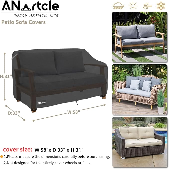 ANartcle 2-Seater Patio Loveseat Cover,58W x 32.5D x 31H Inches Outdoor Couch Cover,100% Waterproof Heavy Duty Patio Sofa Covers,Patio Furniture Covers,Black - Image 3