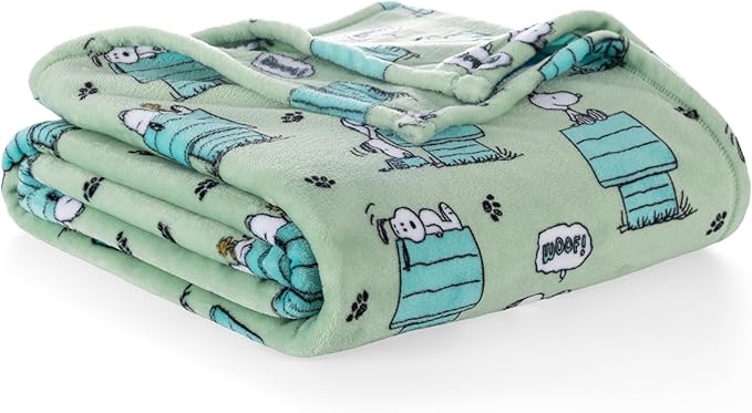 Berkshire Peanuts® VelvetLoft® Cute Character Snoopy Plush Blanket,Regular Snoopy Dog House Poses & Paws Closed in Sage,Twin 60 in x 90 in (Official Peanuts® Product)