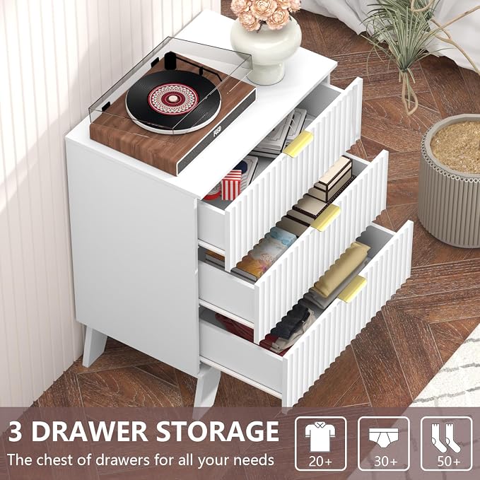 Nightstand with 3 Large Drawers,24" Wide End Table with Curved Metal Handles,Fluted Wood Small Dresser,Bedside Table,Modern Chest of Drawers for Bedroom,Living Room, White - Image 4