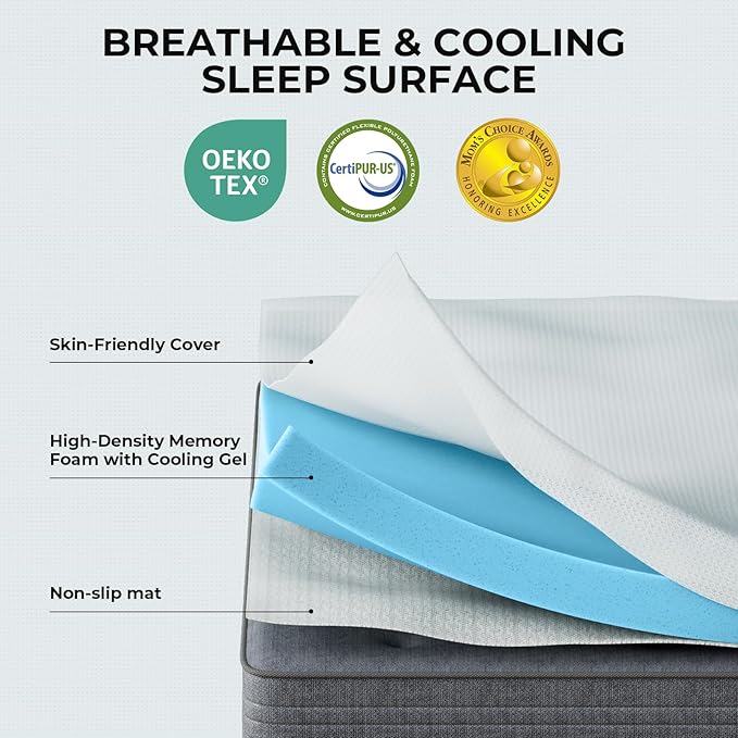 OhGeni Memory Foam Mattress Topper Pad, Soft Bed Cover with Anti-Slip Base, Size Twin XL, Style 2 Inch with Cover