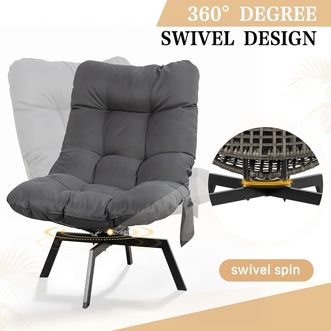 Vongrasig Swivel Wicker Chair PE Rattan Chair with Cushion, Oversized Patio Lounge Chair for Outdoor, Indoor, Balcony, Backyard, Garden, Living Room, Black Rattan - Image 4