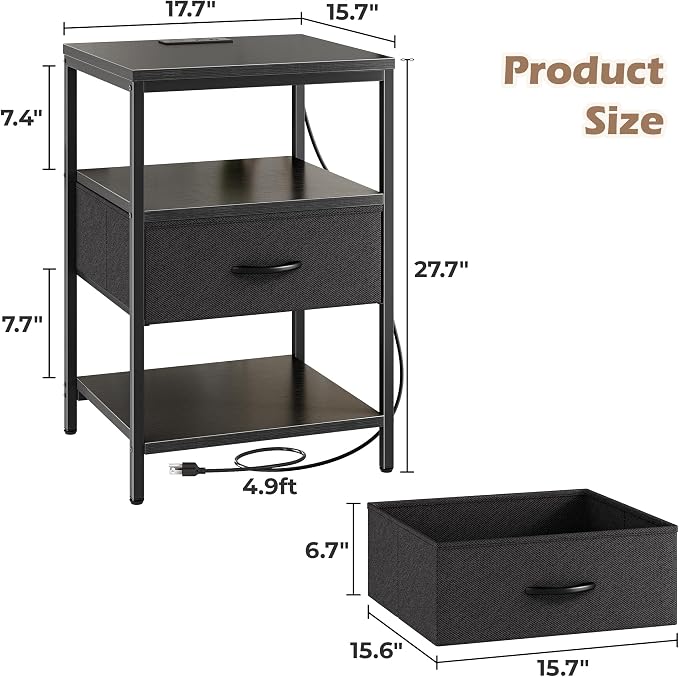 SUPERJARE Night Stand with Charger Station, 27.7 Inch Tall Nightstand with Adjustable Fabric Drawer, Bed Side Table, Fabric Drawer Dresser for Bedroom, Living Room, Black - Image 3
