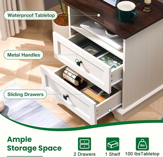 20-Inch Wide Modern Nightstand with Charging Station & Outlets, Bedside Table with 2 Drawers and Open Shelf, Sleek Design End Table for Bedroom and Office, White (Single Piece) - Image 4