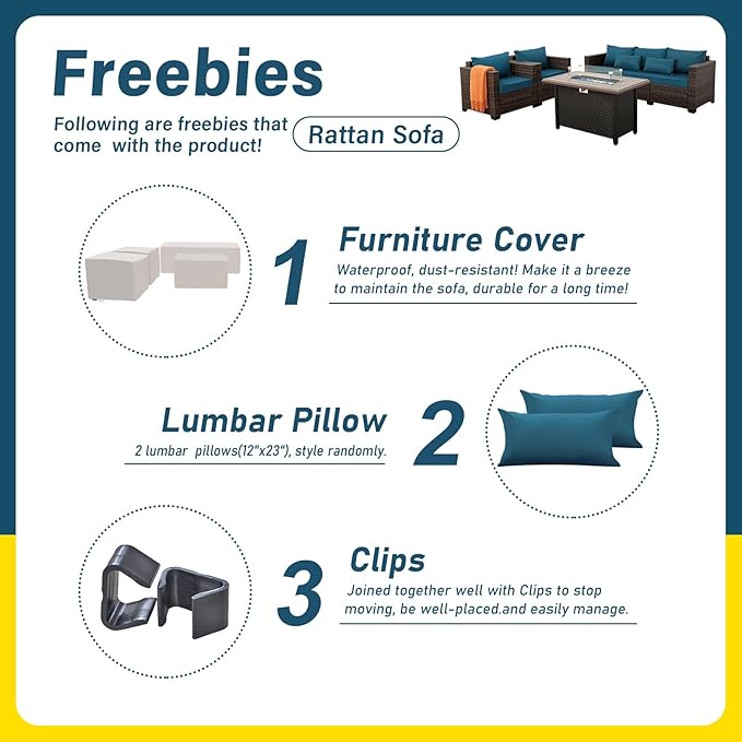 4 Pieces Outdoor Patio Furniture Set 43 In Outdoor Fire Pits Wicker Outdoor Furniture Chairs and Sofa 60000 BTU Outdoor Propane Fire Pit Table Non-Slip Cushions and Waterproof Covers, Peacock Blue