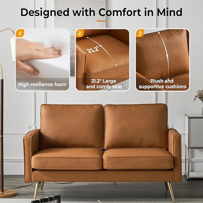 VINGLI 56" Modern PU Leather Loveseat,Small Sofa Couch Deep Seat for Living Room,2-Seater Loveseat Sofa for Bedroom,Apartment,Office,Dorm,Small Space,Cognac