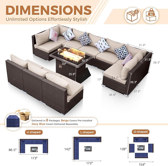 BULEXYARD 11 Piece High Back Wicker Patio Furniture Sets with Fire Pit, Luxury Plus Size Outdoor Seating Set, Comfortable Extra Wide Deep 10-Seater Sectional Couch Sofa for Outside, Brown & Navy Blue