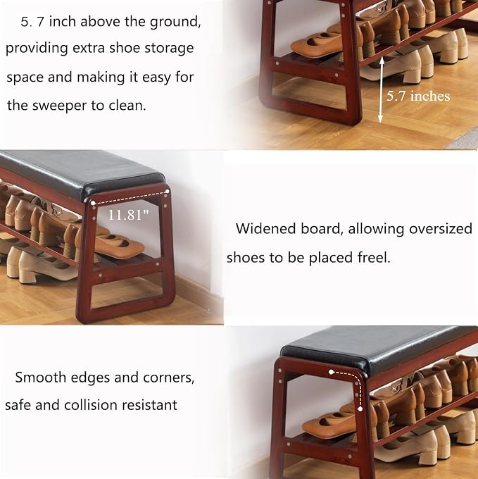 Solid Wood Shoe Bench, 2-Tier Wooden Entryway Bench, Modern Shoe Rack with Faux Leather Cushion for Hallway, Living Room (Black, 21.65'') - Image 4