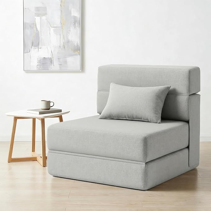 Folding Sofa Bed with Pillow- Convertible Chair Floor Couch & Sleeping Mattress, Foldable Memory Foam Sleeper for Living Room/Dorm/Guest Room/Home Office/Apartment/Loft, Single26, Light Gray