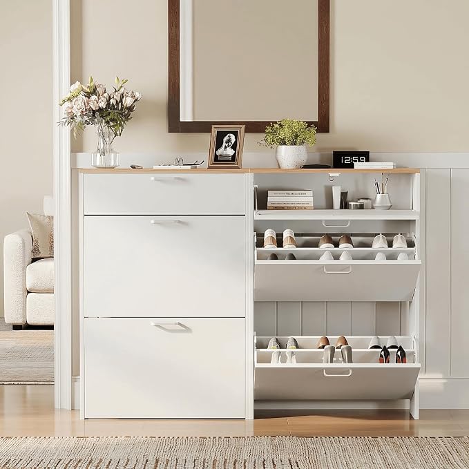 VINGLI Set of 2 Shoe Cabinet Storage for Entryway, Ultra Slim Shoe Organizer with 2 Flip & 1 Drop-Down Drawers, 2-Pack Narrow Shoe Cabinet 24.8" W for Front Door, Freestanding Modern White Shoes Rack by VINGLI