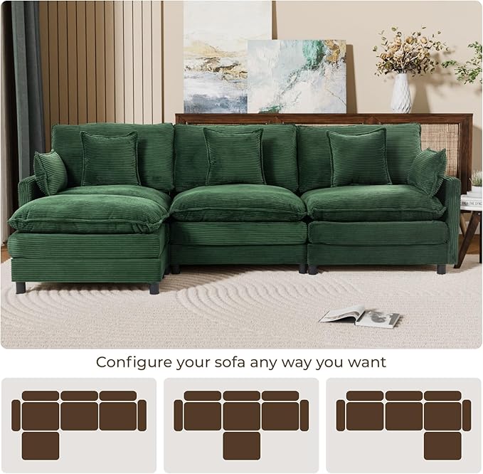 L Shaped Cloud Sofa, 4-Seater Modular Couch with Double Layer Upholstered Seat Cushion, Corduroy Sleeper Sofa with Ottoman & Pillows, Couches for Living Room, Bedrooms & Apartments, Green