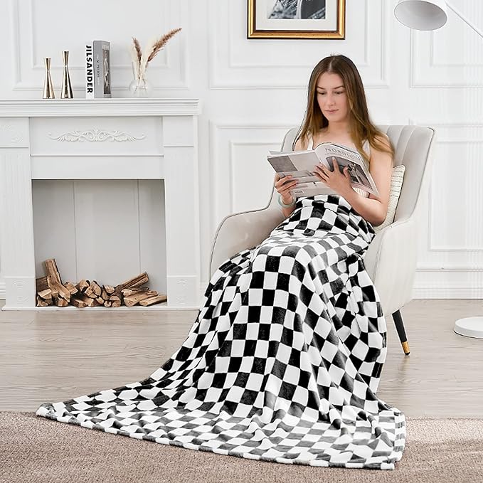 Edenleaf Checkered Blanket Flannel Throw Blankets Soft Cozy Checkered Grid Print Chessboard Gingham Pattern Throws for Bed Sofa Couch for All Seasons, 50x60 Inch, Black