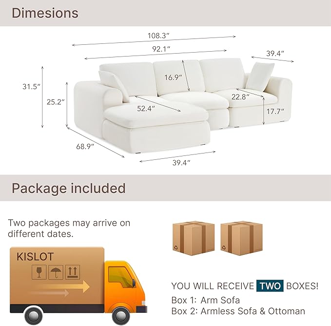 108" Boneless Cloud Couch Sectional No Assembly Required Modular Sofa with Deep Seat for Living Room L Shaped Couch with Ottoman Snowflake Fabric and Memory Sponge White