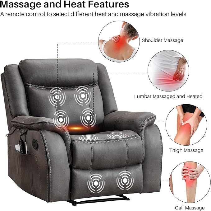 Massage Recliner Chair with Heat, Faux Leather Recliner Chairs for Adults, 39" Wide Manual Reclining Ergonomic Lounge Chair, Overstuffed Wall Hugger Recliners for Living Room, Grey