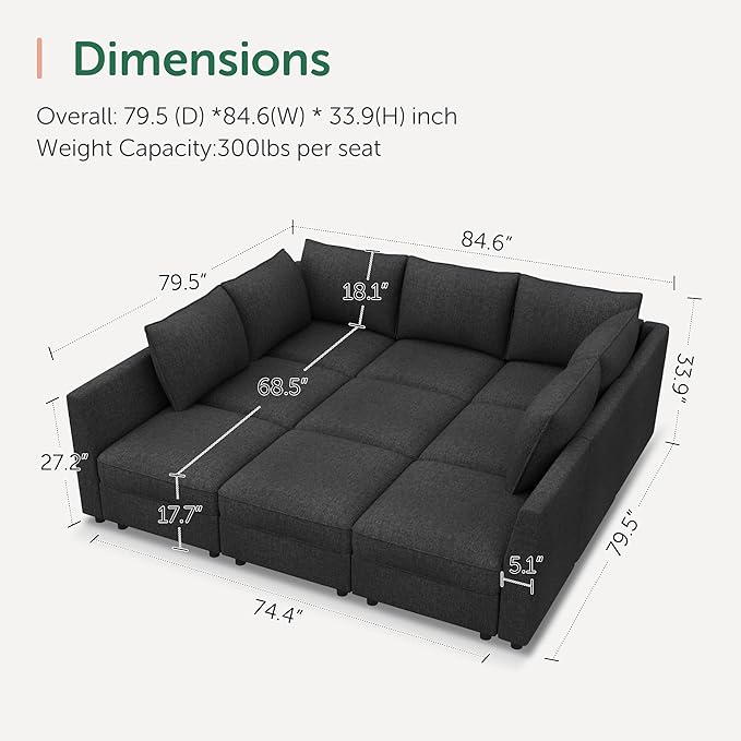 HONBAY Modular Sectional Sleeper Sofa with Storage, Modular Convertible Sectional Couch Bed Module Sleeper Couches for Living Room - Linen Grey