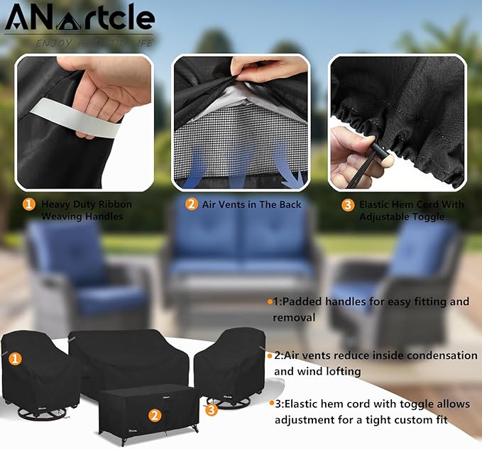ANartcle Patio Furniture Covers 4 Piece Set, 600D Waterproof Heavy Duty Outdoor Furniture Covers,Fit Wicker Patio Sofa, Swivel Rocker Chair and Coffee Table,Black - Image 3