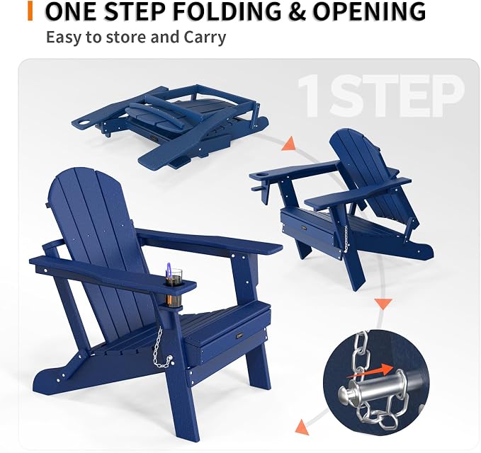 VINGLI Plastic Adirondack Chairs Set of 4, Folding with Cup Holder, Waterproof HDPE Material, Comfortable 380lb Weight Capacity for Outdoor Pool Patio Lounge Chair Lawn Furniture Firepit (Navy Blue) - Image 5