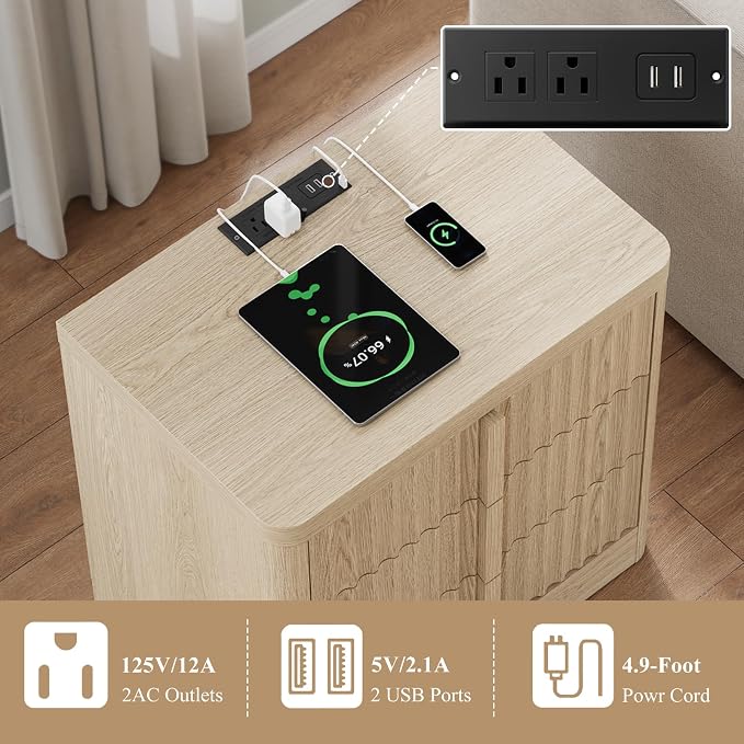 YANSNWO 23.6" Nightstand with Charging Station, Bedside Table with 3 Storage Drawers, Mid Century Modern Night Stand with Solid Wood Handle, End Table for Bedroom, Living Room, Natural Oak - Image 6