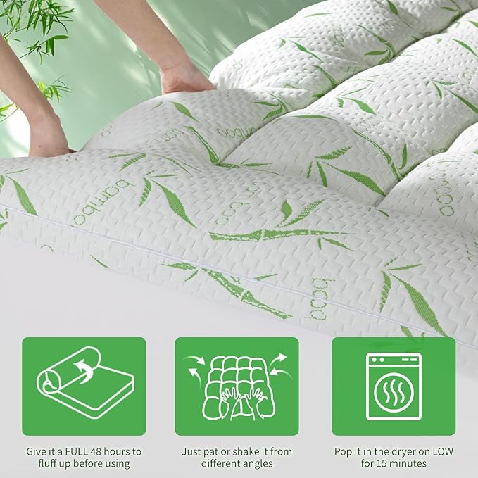 LIANLAM 3 Inch Mattress Topper Queen Size - 1500GSM 3D+7D Down Alternative Fill Pillow Top Mattress Pad, Viscose Made from Bamboo Cover, Extra Firm for Back Pain, 6"-18" Deep Pocket (60"x80")