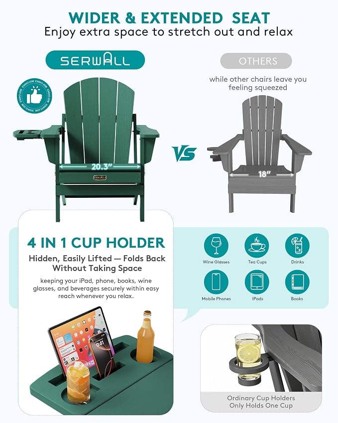 SERWALL Folding Adirondack Chair, Outdoor Adirondack Chairs with 4 in 1 Cup Holder, Weather Resistant Plastic Patio Chair for Garden, Backyard, Deck, Lawn, Fire Pit- Green - Image 4