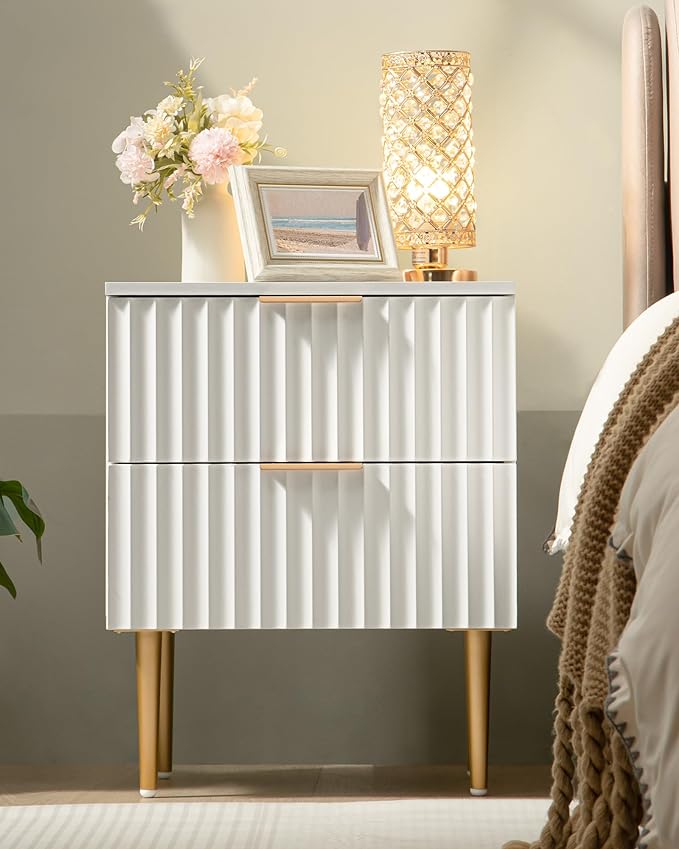 SICOTAS White Night Stand Set 2, Fluted Glossy Nightstand with 2 Drawers, Wide Modern Storage Bedside Table for Bedroom, End Side Table with Golden Metal Legs and Handles (White, 1 Piece) - Image 3