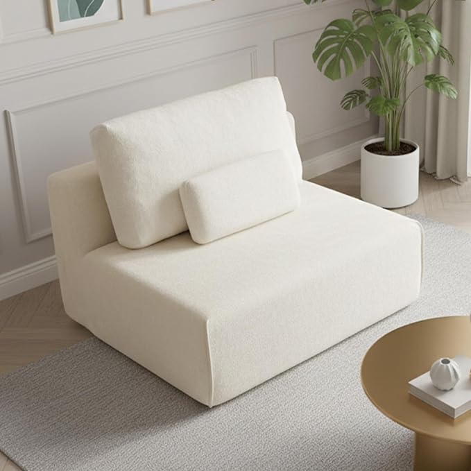 Modular Single Sofa Couch, Beige Plush Velvet No-Assembly Compressed Sofa, Deep-Seat Lounge Chair for Small Spaces Living Rooms Apartments Dorms