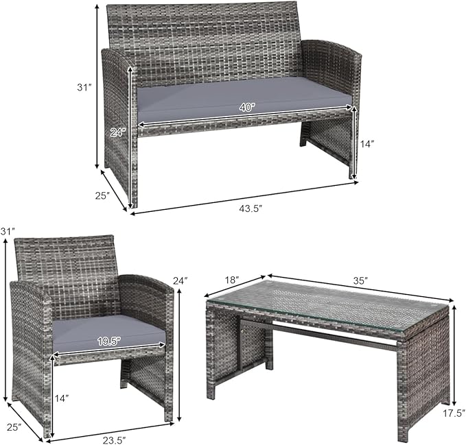 Tangkula 4 Pieces Patio Wicker Conversation Furniture Set, Patiojoy Sofa & Table Set w/4 Seats, Outdoor Rattan Sofa Set for Balcony Backyard, Wicker Chair Set with Tempered Glass Coffee Table