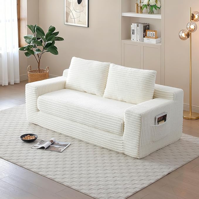 Convertible Sofa Bed, 2 in 1 Memory Foam Futon Couch, No Assembly Corduroy Foldable Sofa Bed, Comfy Floor Couch with 2 Pillows for Bedroom, Living Room, Apartment, Beige