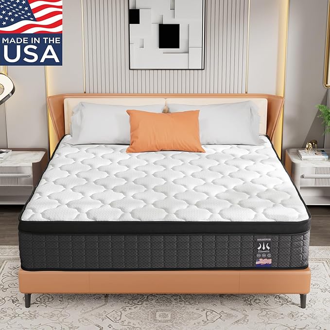 Twin XL Mattress 14" Hybrid Mattress - Medium-Plush Support- Made in USA - Individually Spring Pocketed Coils & CertiPUR-US Foam - Fiberglass-Free - Bed in a Box 14Inch
