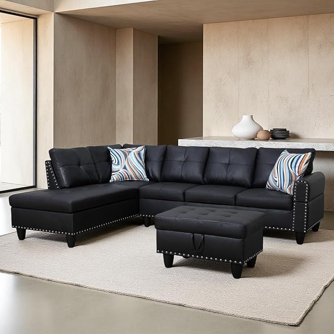 Sectional Couches for Living Room, Convertible 4 Seat Modular Sectional Sofa Set for Living Room, L Shaped Couch or U Shaped Couch with Storage Ottoman for Apartment, Leather Black