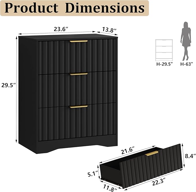 8 Drawer Dresser and Nightstand Sets for Bedroom, Modern Fluted 3 Pcs Bedroom Dresser Furniture Sets, Wood Chest of Drawers and Nightstand Set of 2 with Metal Handles, Black