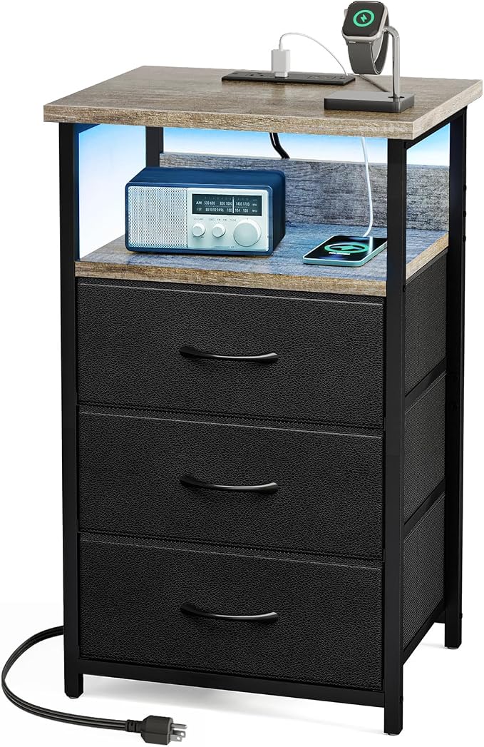 Fixwal Night Stand with Charging Station, LED Nightstand with Fabric Drawers, End Table with PU Finish, Bed Side Table, French Oak by Fixwal