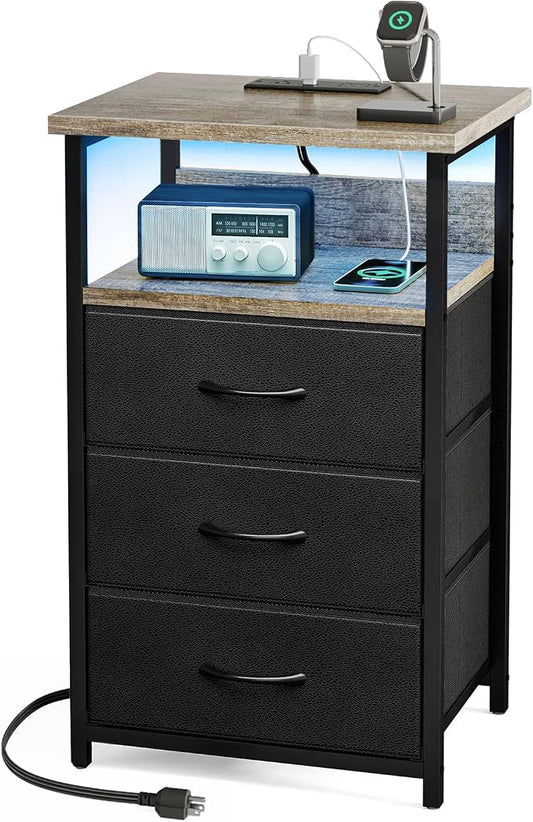 Fixwal Night Stand with Charging Station, LED Nightstand with Fabric Drawers, End Table with PU Finish, Bed Side Table, French Oak by Fixwal