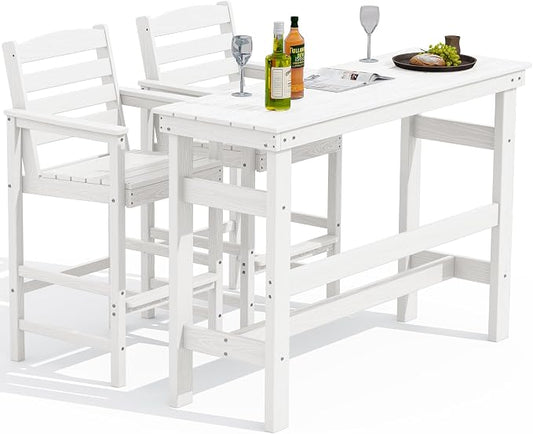 SERWALL Outdoor Bar Table and Chairs Set, Adirondack Bar Chairs Set of 2 and Bar Height Table, All Weather HDPE Patio Bar Set, Outdoor Furniture for Outside, White by SERWALL